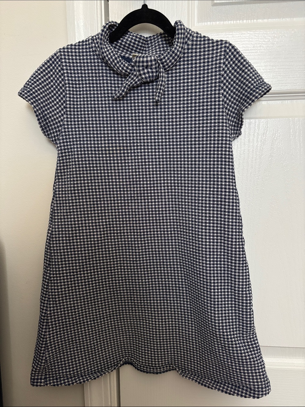 Zara Navy and White Check Tie-Neck A-Line Dress